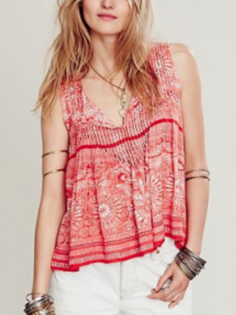 Free People Myna Top ASO Liv & Maddie Coral Printed V-Neck Sleeveless Tank